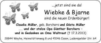 Babyanzeige von Wiebke und Bjarne Müller von WESER-KURIER