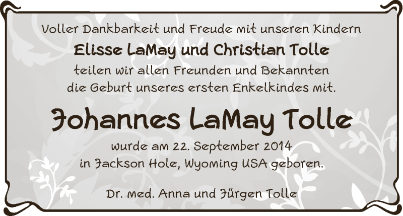 Anzeige für Johannes LaMay Tolle vom 04.10.2014 aus WESER-KURIER