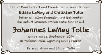 Babyanzeige von Johannes LaMay Tolle von WESER-KURIER
