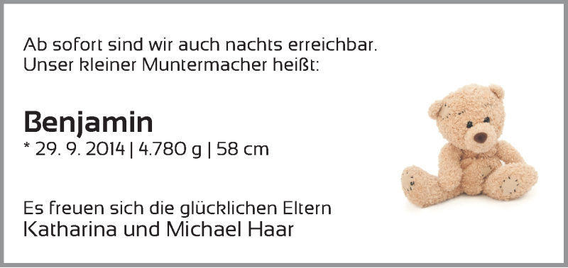 Anzeige für Benjamin Haar vom 11.10.2014 aus WESER-KURIER