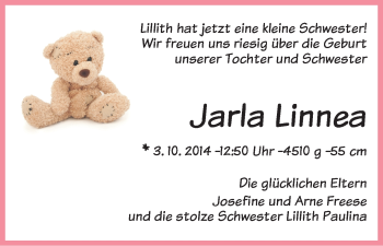 Babyanzeige von Jarla Linnea  von WESER-KURIER