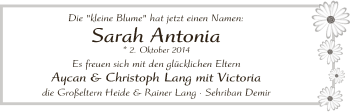 Babyanzeige von Sarah Antonia Lang von WESER-KURIER