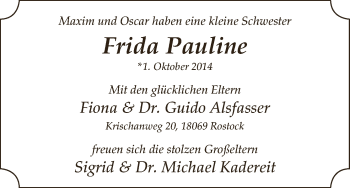 Babyanzeige von Frida Pauline Alsfasser von WESER-KURIER