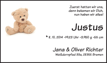 Babyanzeige von Justus Richter von WESER-KURIER