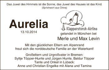 Babyanzeige von Aurelia Levin von WESER-KURIER