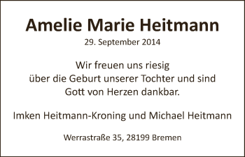 Babyanzeige von Amelie Marie Heitmann von WESER-KURIER