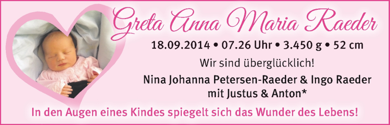 Anzeige für Greta Anna Maria Raeder vom 18.10.2014 aus WESER-KURIER