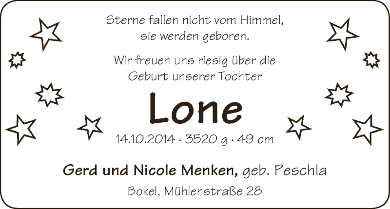 Anzeige für Lone Menken vom 25.10.2014 aus WESER-KURIER
