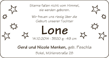 Babyanzeige von Lone Menken von WESER-KURIER