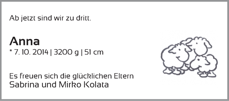 Anzeige für Anna Kolata vom 25.10.2014 aus WESER-KURIER