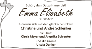 Babyanzeige von Emma Elisabeth Schlenker von WESER-KURIER