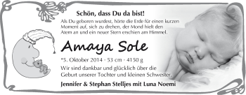 Babyanzeige von Amaya Sole Stelljes von WESER-KURIER