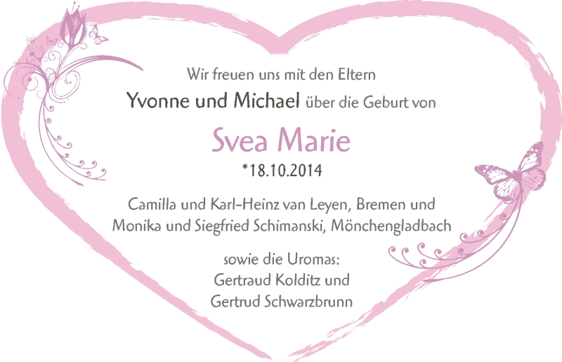 Anzeige für Svea Marie  vom 01.11.2014 aus WESER-KURIER