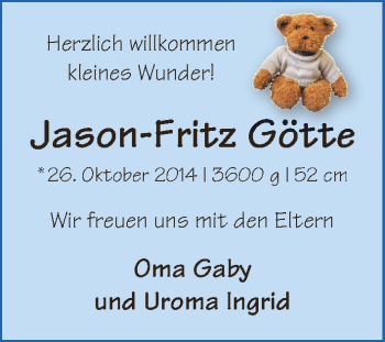 Babyanzeige von Jason-Fritz Götte von WESER-KURIER