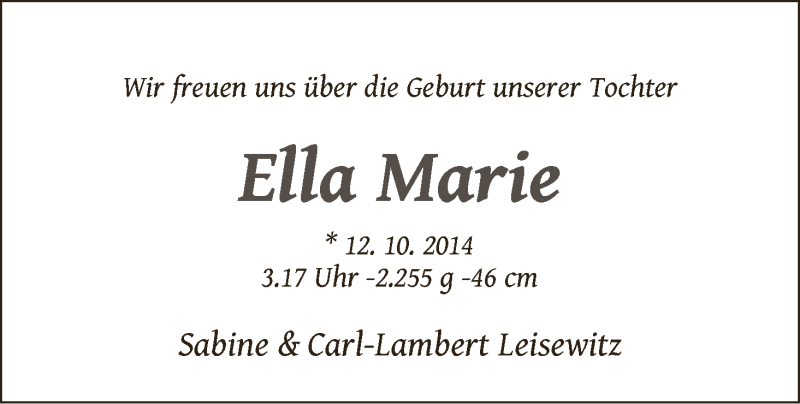 Anzeige für Ella Marie  vom 01.11.2014 aus WESER-KURIER