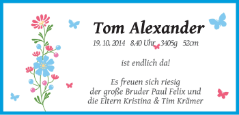 Babyanzeige von Tom Alexander  von WESER-KURIER