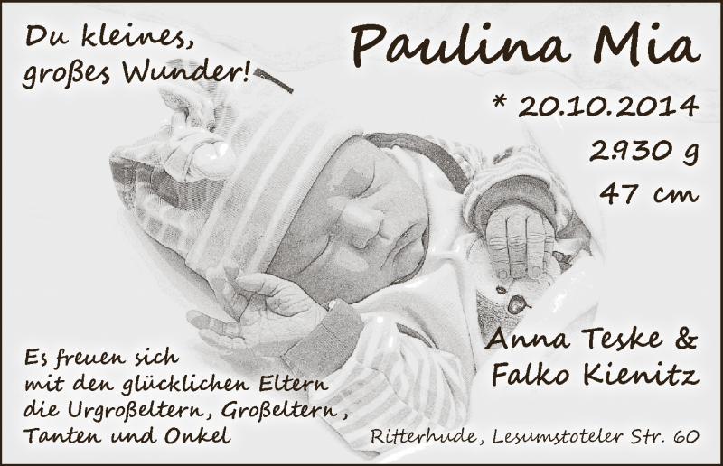 Anzeige für Paulina Mia  vom 01.11.2014 aus WESER-KURIER