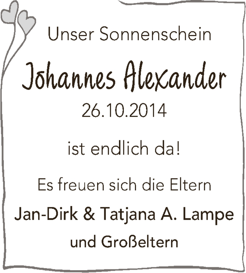 Anzeige für Johannes Alexander Lampe vom 08.11.2014 aus WESER-KURIER