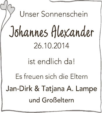 Babyanzeige von Johannes Alexander Lampe von WESER-KURIER
