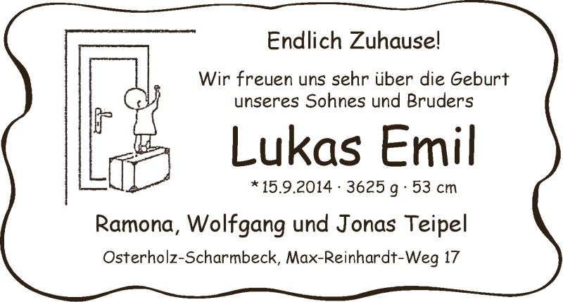 Anzeige für Lukas Emil Teipel vom 05.11.2014 aus WESER-KURIER