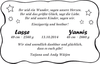Babyanzeige von Lasse und Yannis Wätjen von WESER-KURIER