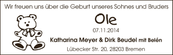 Babyanzeige von Ole Meyer von WESER-KURIER