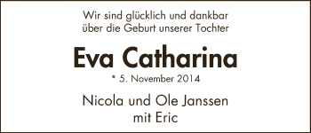 Babyanzeige von Eva Catharina Janssen von WESER-KURIER