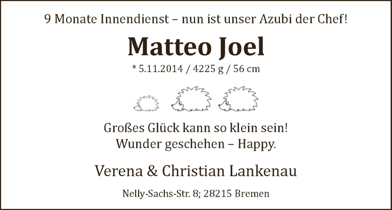 Anzeige für Matteo Joel Lankenau vom 15.11.2014 aus WESER-KURIER