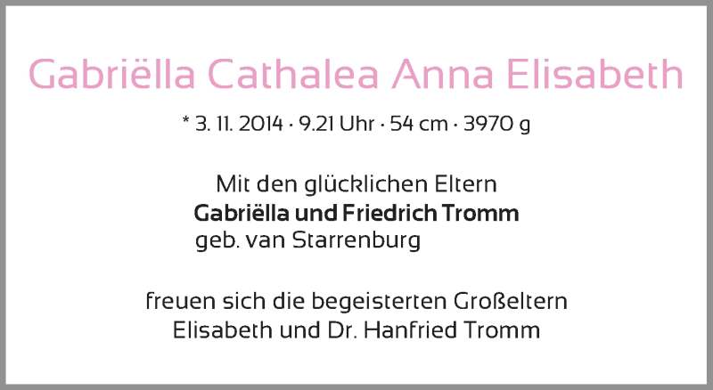 Anzeige für Gabriella Cathalea Anna Elisabeth Tromm vom 15.11.2014 aus WESER-KURIER
