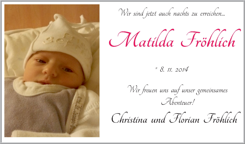 Anzeige für Matilda Fröhlich vom 15.11.2014 aus WESER-KURIER