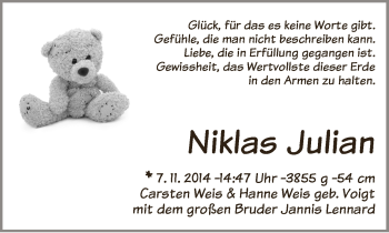 Babyanzeige von Niklas Julian  von WESER-KURIER
