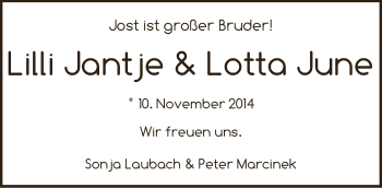 Babyanzeige von Lilli Jantje und Lotta June  von WESER-KURIER