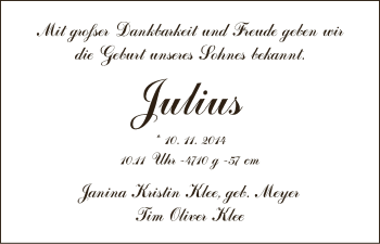Babyanzeige von Julius Klee von WESER-KURIER