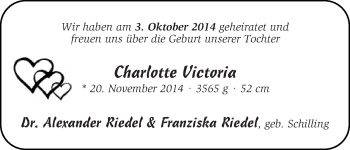 Babyanzeige von Charlotte Victoria Riedel von WESER-KURIER