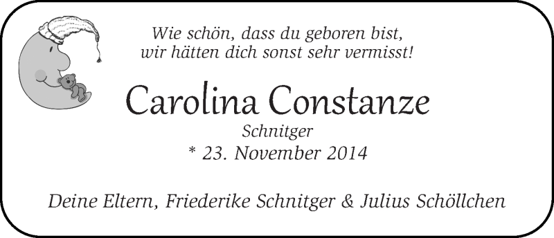 Anzeige für Carolina Constanze Schnitger vom 29.11.2014 aus WESER-KURIER
