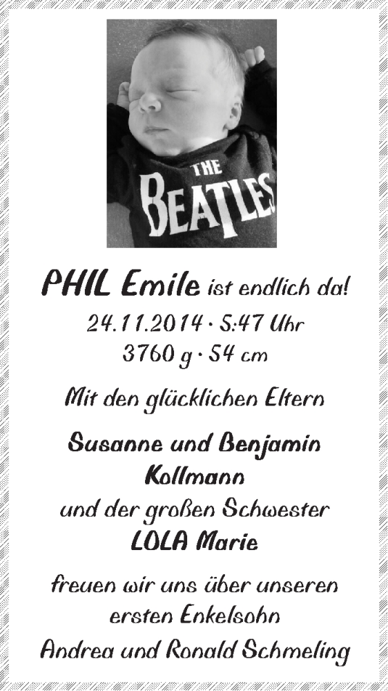 Anzeige für Phil Emile Kollmann vom 29.11.2014 aus WESER-KURIER
