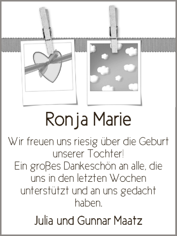 Babyanzeige von Ronja Marie Maatz von WESER-KURIER