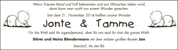 Babyanzeige von Jonte und Tamme Blendermann von WESER-KURIER
