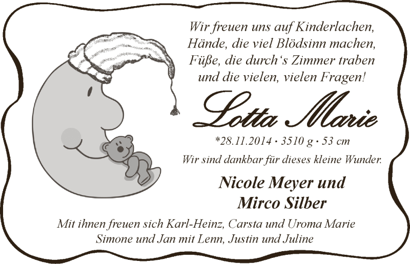 Anzeige für Lotta Marie  vom 06.12.2014 aus WESER-KURIER