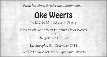 Babyanzeige von Oke Weerts von WESER-KURIER
