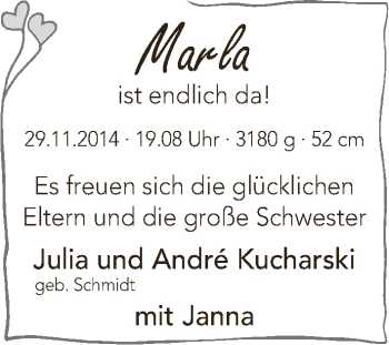 Babyanzeige von Marla Kucharski von WESER-KURIER