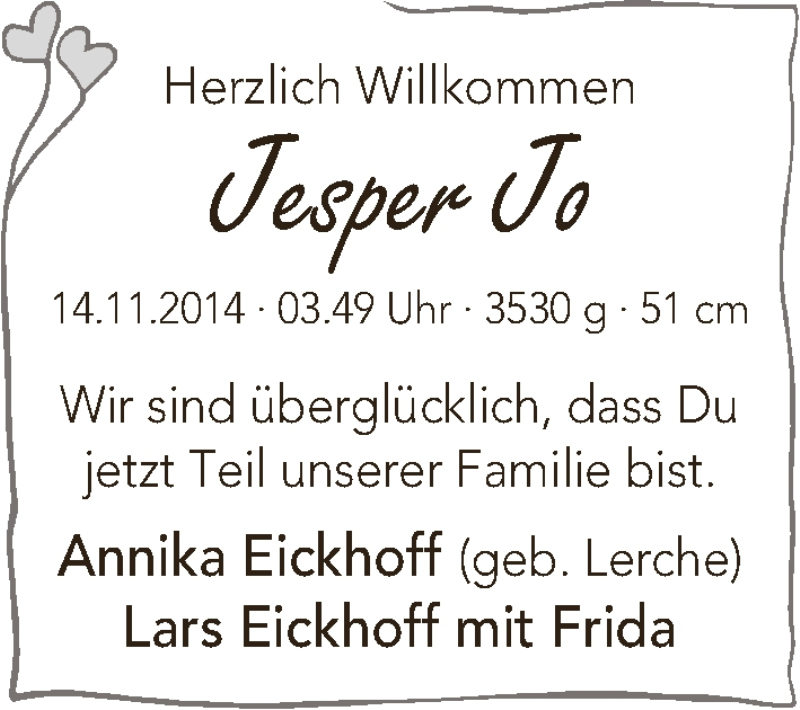 Anzeige für Jesper Jo Eickhoff vom 13.12.2014 aus WESER-KURIER