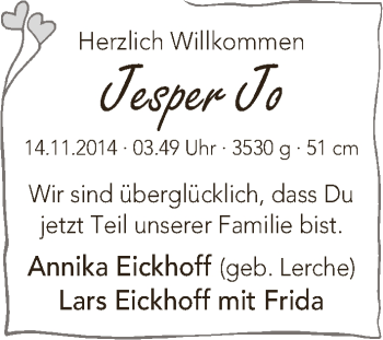 Babyanzeige von Jesper Jo Eickhoff von WESER-KURIER