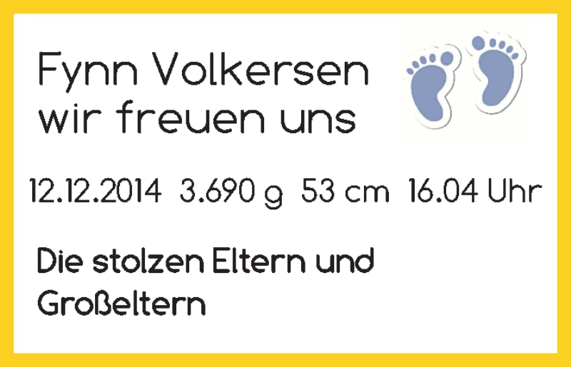 Anzeige für Fynn Volkersen vom 17.12.2014 aus WESER-KURIER