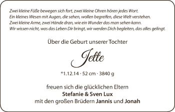 Babyanzeige von Jette  von WESER-KURIER