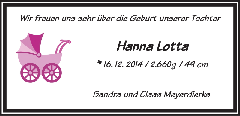 Anzeige für Hanna Lotta Meyerdierks vom 24.12.2014 aus WESER-KURIER