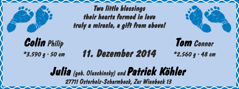 Anzeige für Colin Philip und Tom Connor  vom 31.12.2014 aus WESER-KURIER