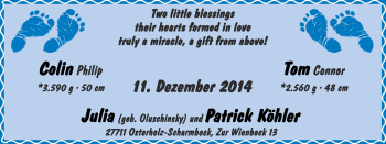 Babyanzeige von Colin Philip und Tom Connor  von WESER-KURIER