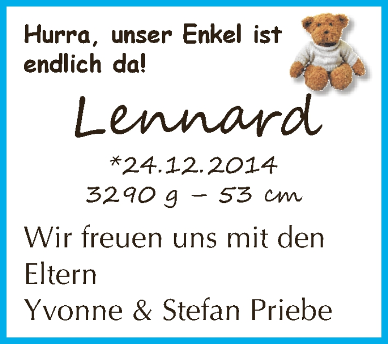 Anzeige für Lennard Priebe vom 03.01.2015 aus WESER-KURIER