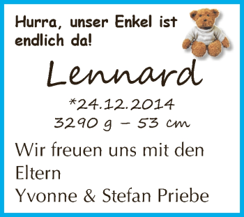 Babyanzeige von Lennard Priebe von WESER-KURIER